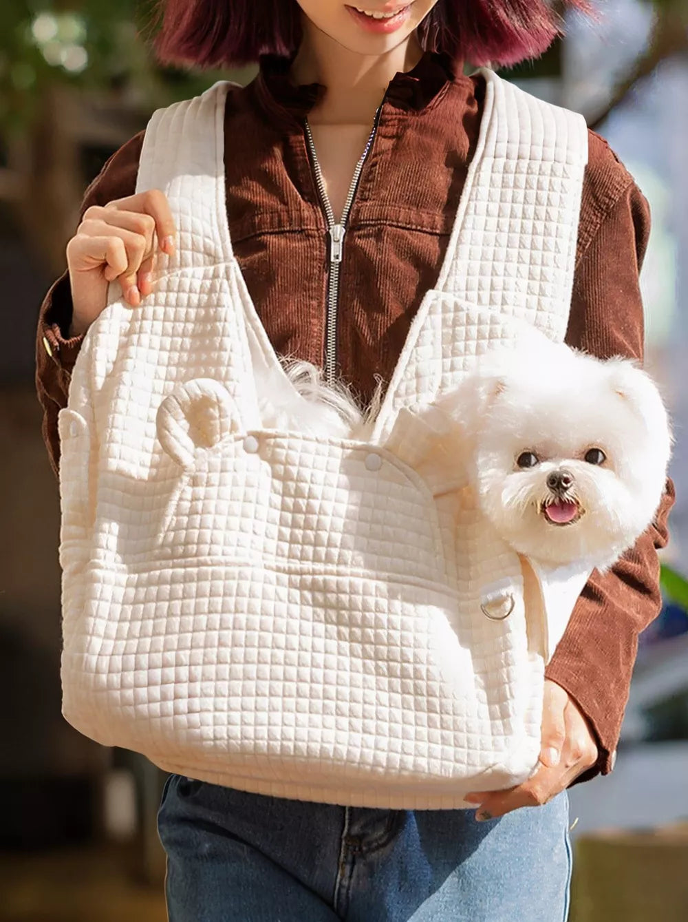 Quilted Pet Carrier Sling Bag – Hands-Free Travel Bag for Small Dogs & Cats