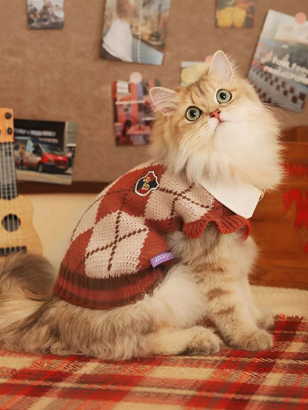 Argyle Pattern Pet Sweater – Ruffled Knit Dog & Cat Sweater, Sizes XS–XL