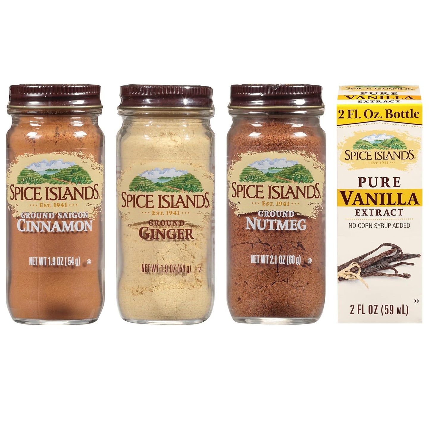 Spice Islands Essential Baking Spice Set – Ground Ginger, Cinnamon, Nutmeg & Pure Vanilla (4-Piece)