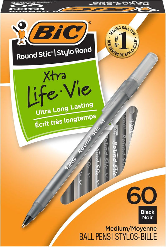 BIC Round Stic Xtra Life Ballpoint Pens – Black Ink, Medium Point, 60-Count Value Pack