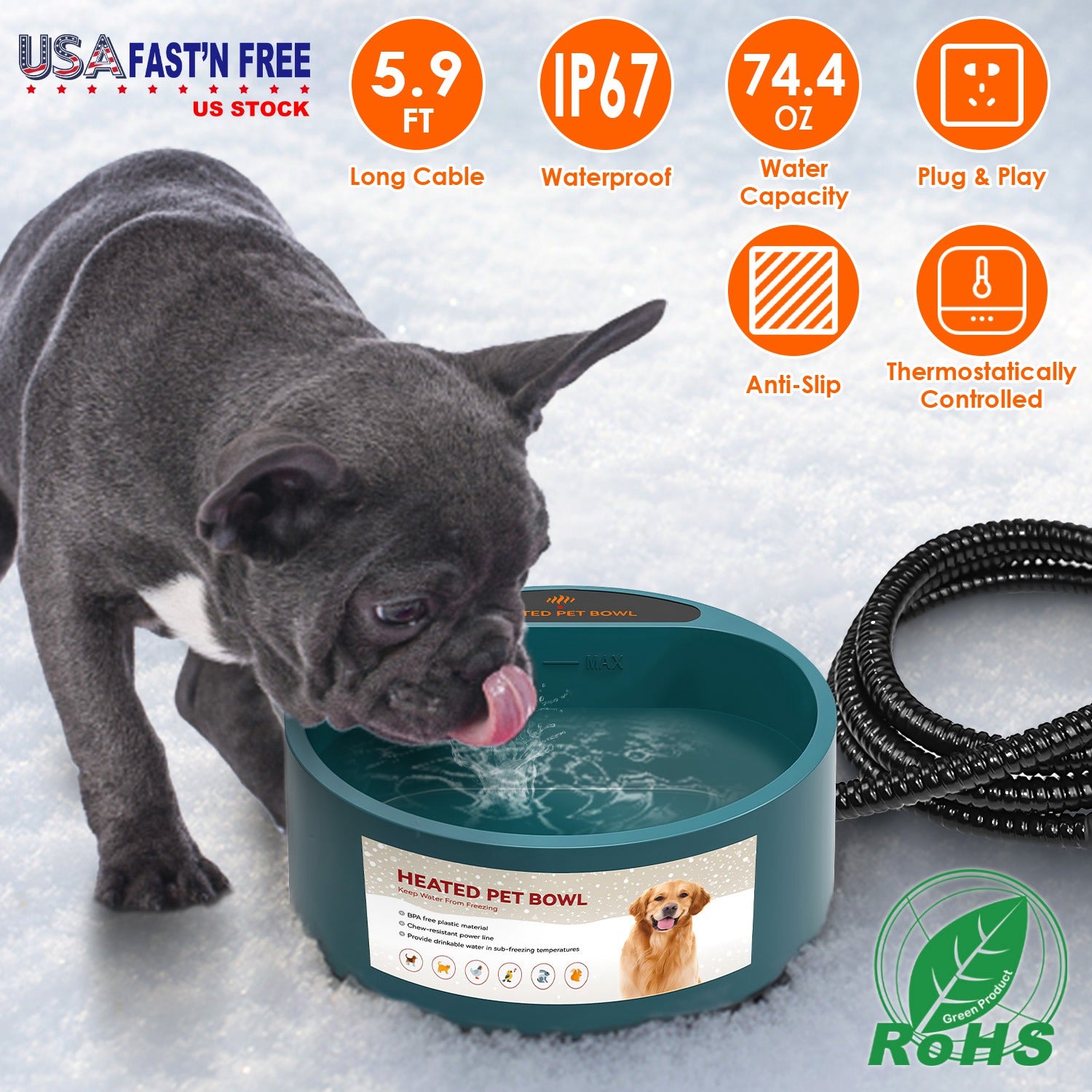 Heated Pet Water Bowl - 74oz Thermostat Controlled, Anti-Freeze for Dogs & Cats