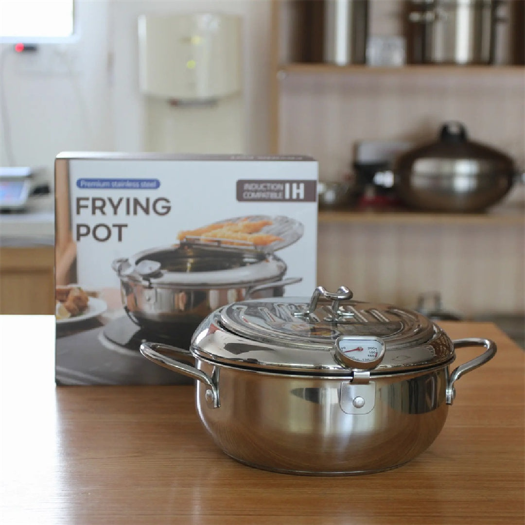 Japanese Tempura Deep Fryer Pot with Thermometer | Stainless Steel Frying Pot with Lid | Gas, Electric & Induction