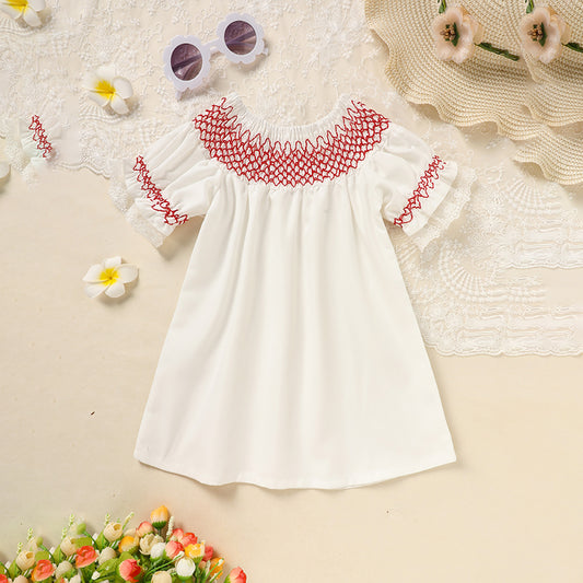 Baby Girl Valentine's Day Dress - White Lace Party Dress with Red Heart Embroidery