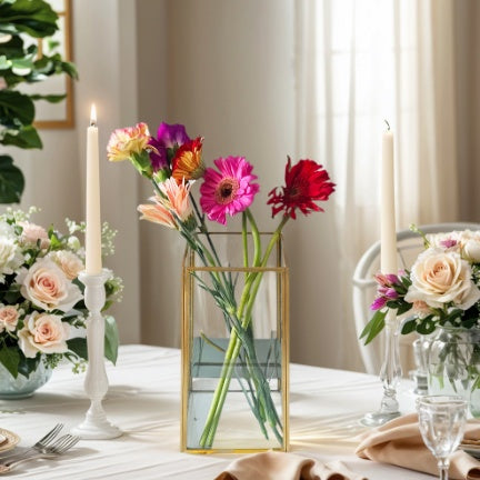 3.4L Gold-Rimmed Glass Vase - Premium Trapezoidal Flower Vase for Home Decor