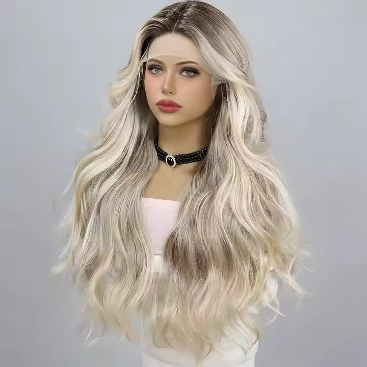 T-Part Lace Front Wig | Wavy Curly Golden Gradient | Heat Resistant Synthetic Fiber | 28 Inches