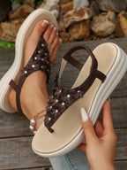 Women's Studded T-Strap Wedge Sandals – Low Heel Edgy Style