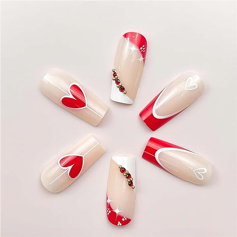 24 PCS Red & White Heart Press-On Nails | Long Square Fake Nail Tips