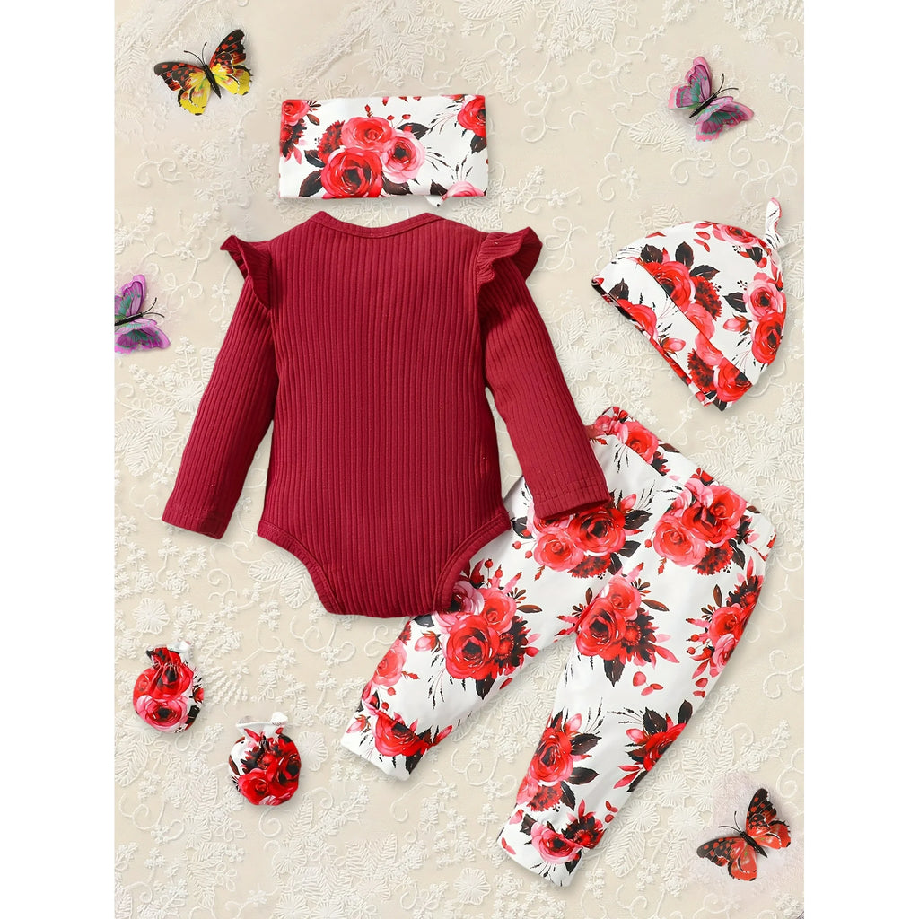 Newborn Baby Girl Coming Home Outfit | Hello I'm New Here Romper, Floral Pants, Hat & Headband Set