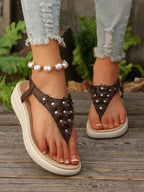 Women's Studded T-Strap Wedge Sandals – Low Heel Edgy Style