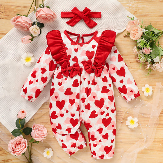 Baby Valentine's Day Romper - Heart Print Long Sleeve Bodysuit with Bow