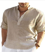 Men's Cotton Linen Embroidered Long Sleeve Shirt - Stand Collar