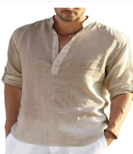 Men's Cotton Linen Embroidered Long Sleeve Shirt - Stand Collar