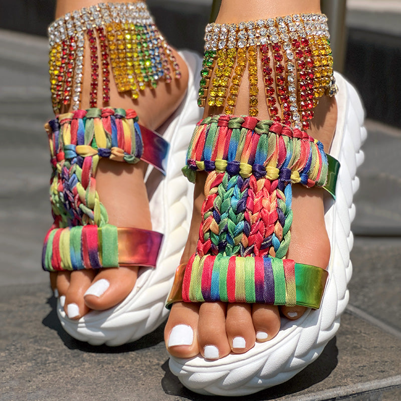 Women's Rainbow Stripe Platform Sandals - Breathable Summer Slides