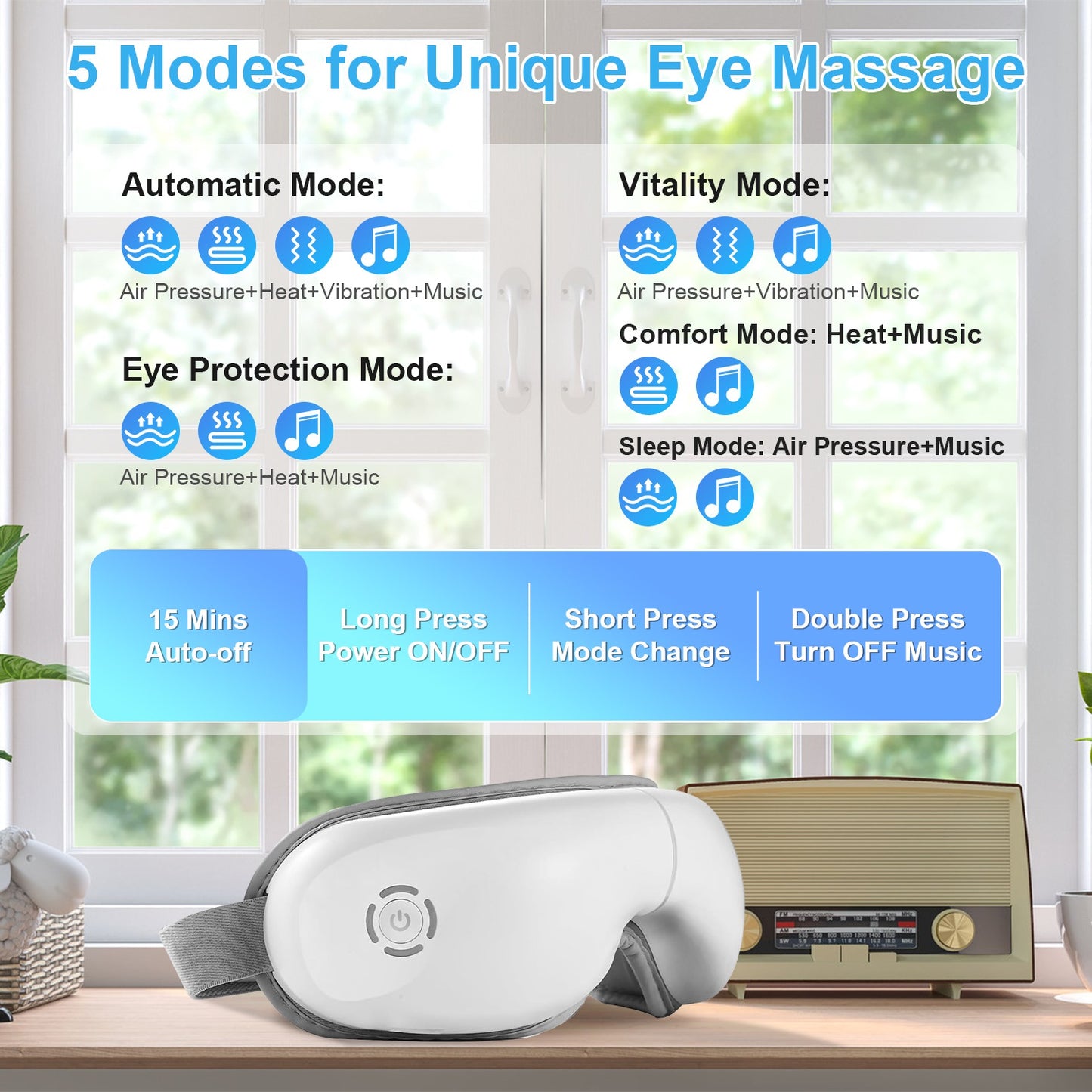 Rechargeable Eye Massager with Heat & Bluetooth Music – Eye Strain, Migraine & Fatigue Relief