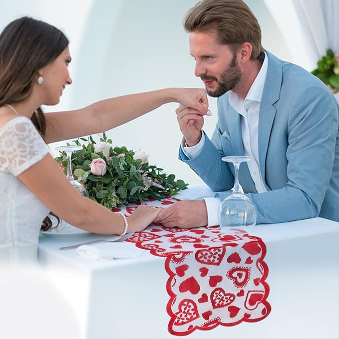 Valentine's Day Lace Table Runner - 13x72 Inch Heart Design for Wedding & Party Decor
