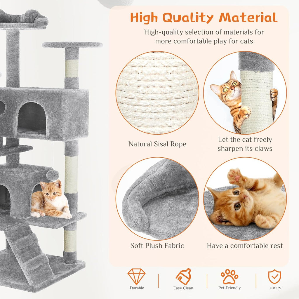 54" Multi-Level Cat Tree Tower | Sisal Scratching Posts, 2 Condos, Hanging Toy – Light Grey & Pink