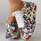 Women's Geometric Print Low-Top Sneakers | Lace-Up Casual Shoes with Thick Rubber Sole