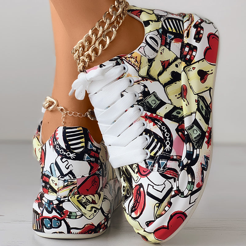 Women's Geometric Print Low-Top Sneakers | Lace-Up Casual Shoes with Thick Rubber Sole