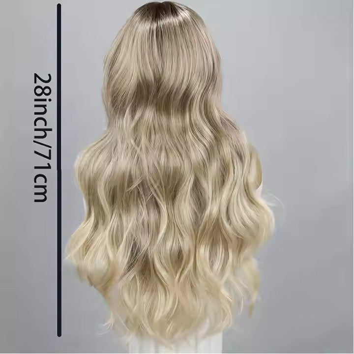 T-Part Lace Front Wig | Wavy Curly Golden Gradient | Heat Resistant Synthetic Fiber | 28 Inches