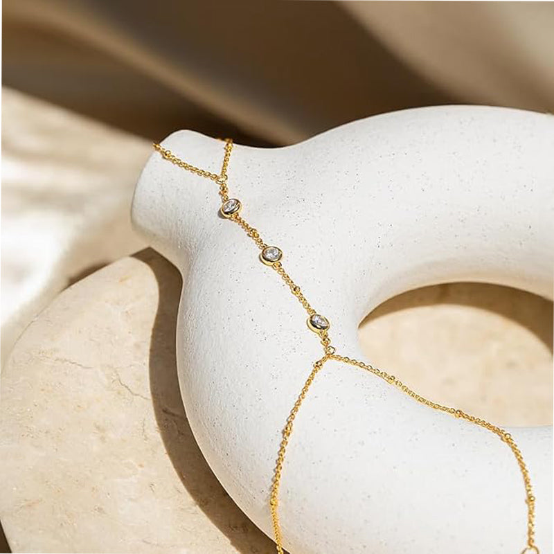 Gold Boho Hand Chain Bracelet for Women – Beaded Finger Ring Bracelet