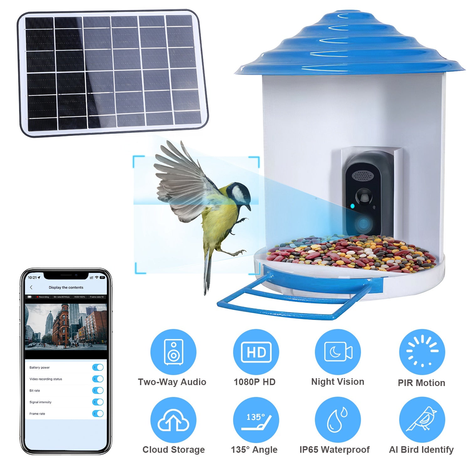 Smart Bird Feeder Camera with Solar Panel - 1080P HD AI Bird Identification & Motion Detection
