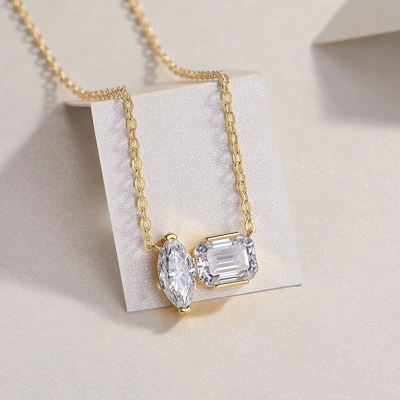 Double Diamond Shadow Moissanite Necklace | 925 Sterling Silver Gold Plated