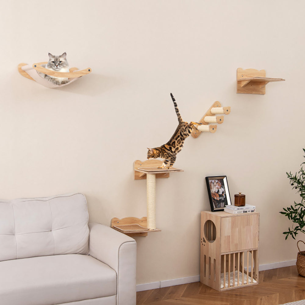 4-Piece Wall-Mounted Cat Tree with Hammock - Space-Saving Climbing Furniture for Indoor Cats