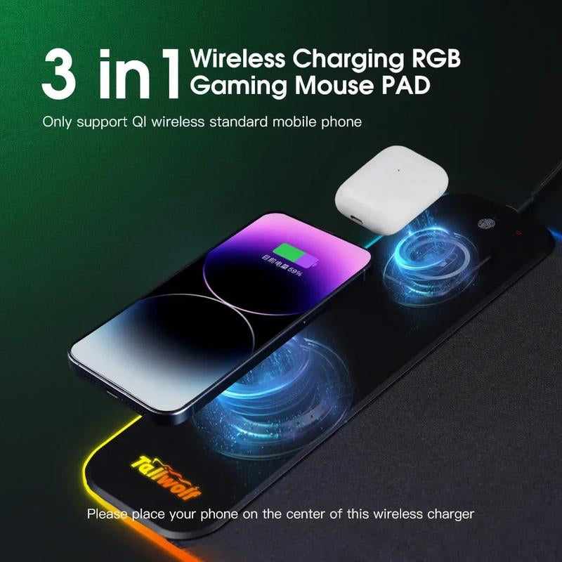 3-In-1 Magnetic Wireless Charging RGB Gaming Mouse Pad Oversized Customized with 11 Static Colors & Polar Light Effect Mode