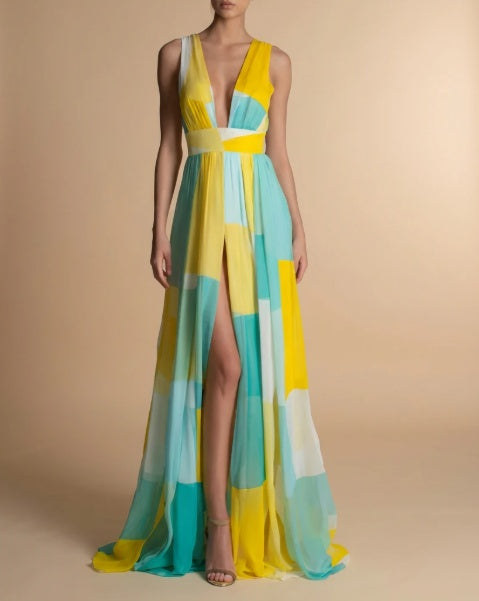 Geometric Color-Block Chiffon Maxi Dress - Yellow & Blue