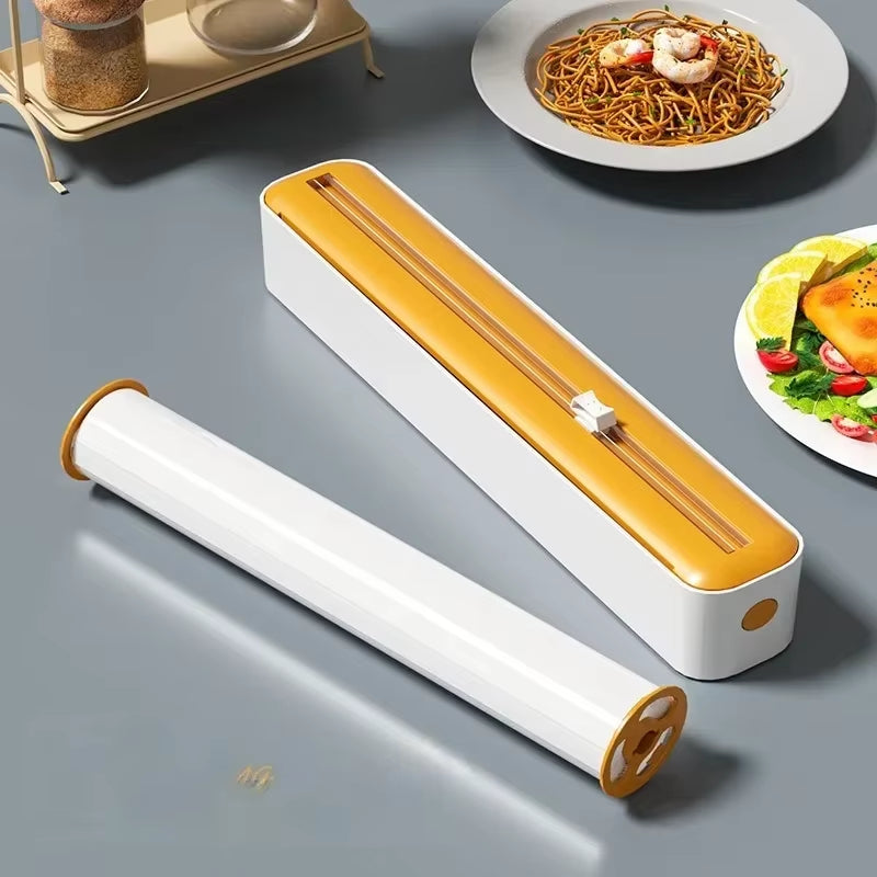 2 in 1 Food Film Dispenser Wrap Dispenser with Cutter Storage Box Aluminum Foil Stretch Film Cutter Wall Shelf Kitchen Organizer