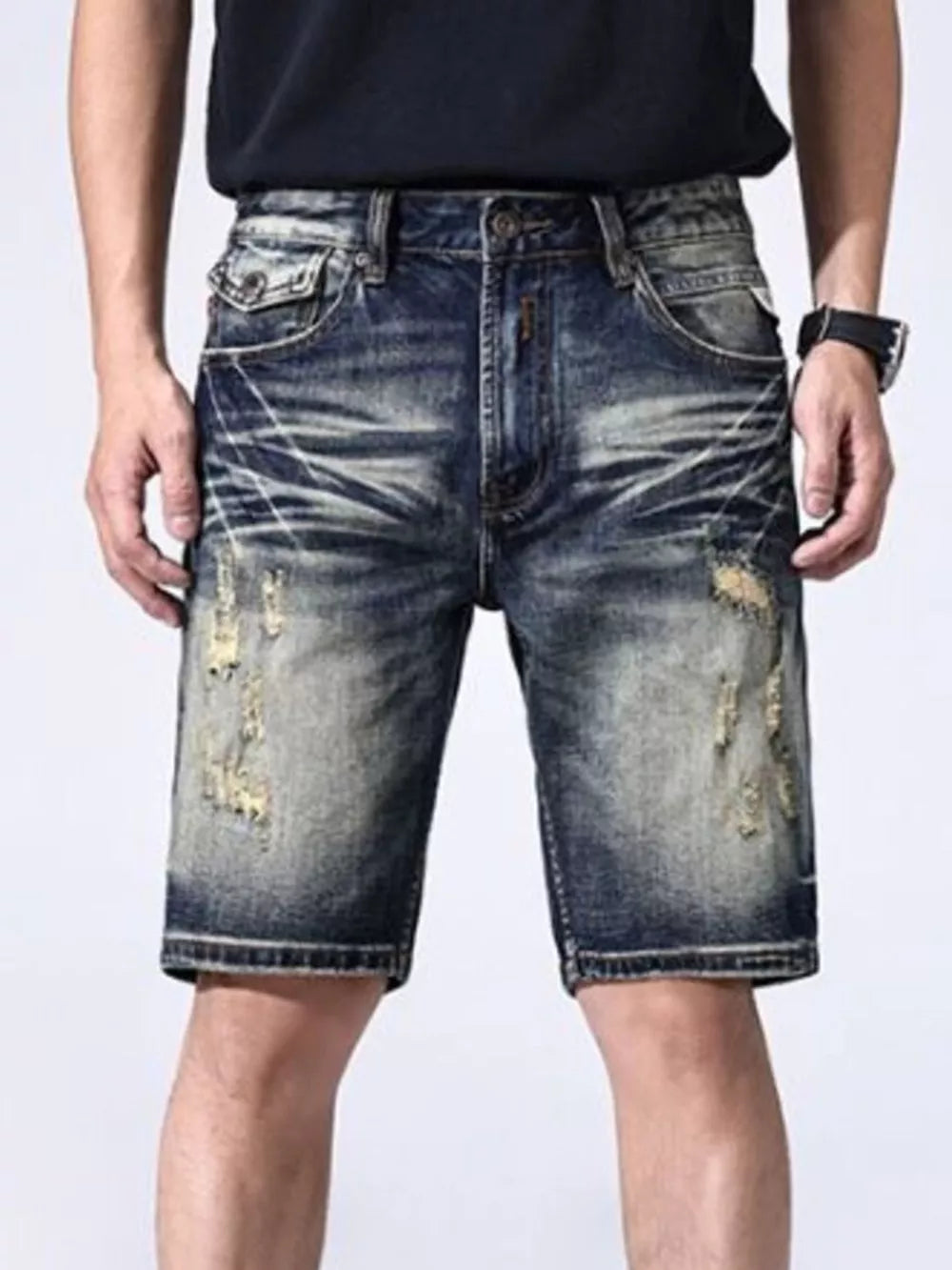 Men's Distressed Denim Shorts – 93.7% Cotton, Cat's Whisker & Washed Finish