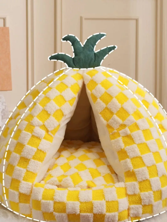 Pineapple Cat Bed – Foldable Semi-Enclosed Cozy Pet Nest