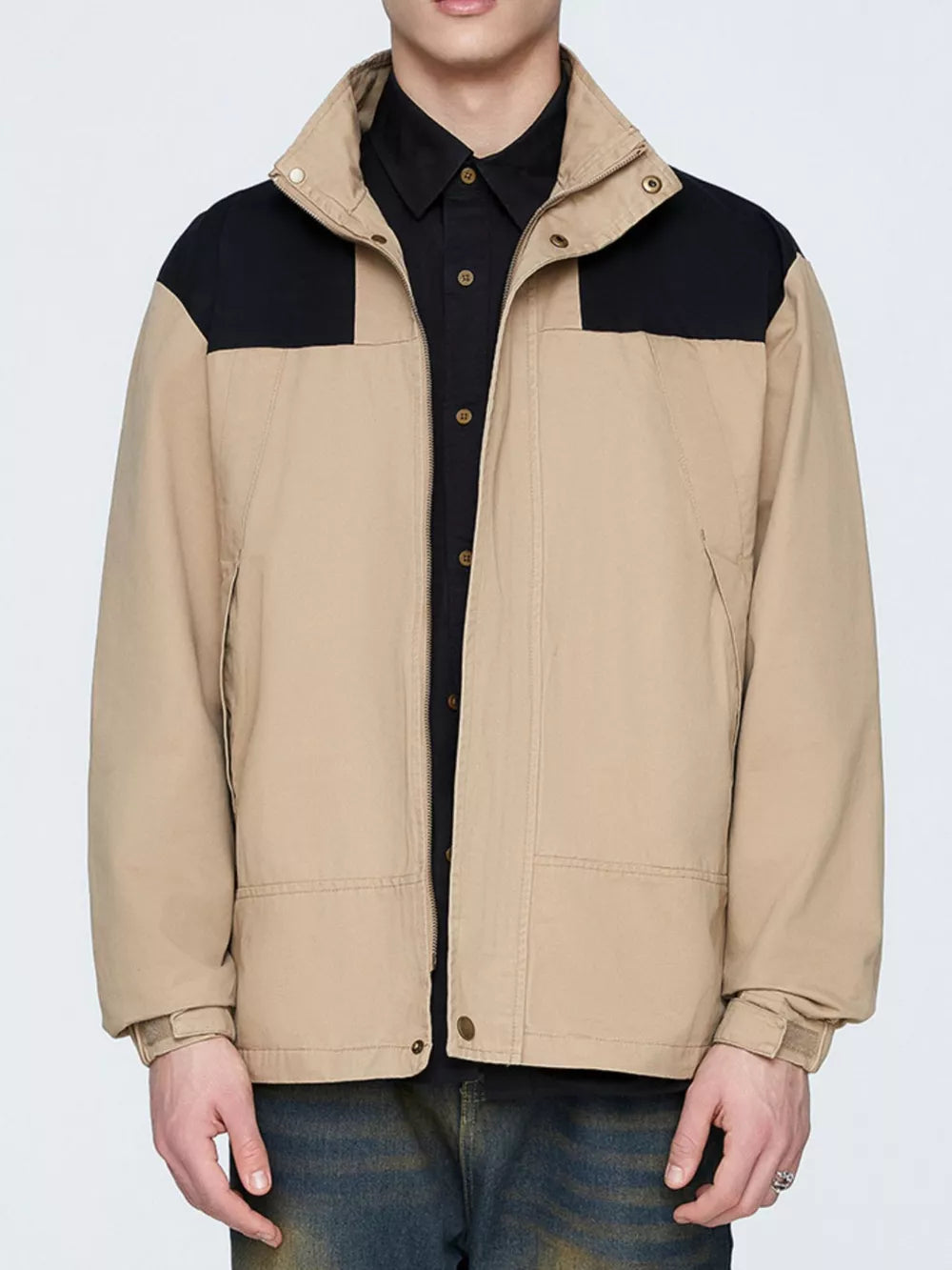 Men's Plus Size Two-Tone Windproof Jacket – 100% Polyester, Color-Block & Pocketed