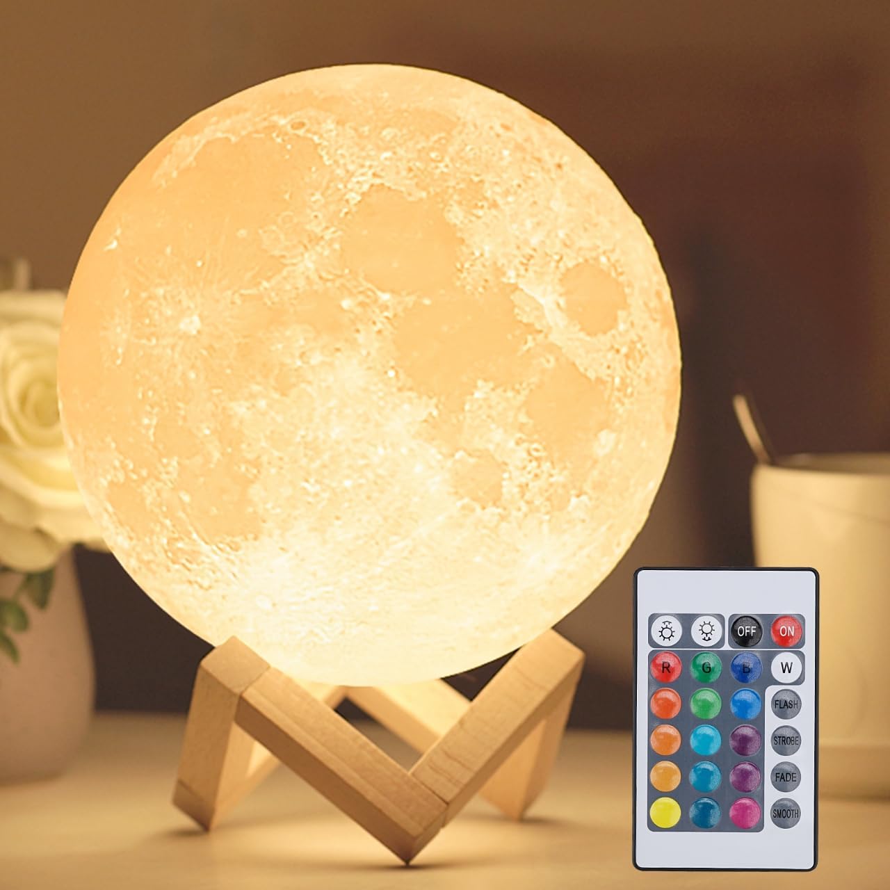 LED Moon Lamp Night Light with Remote - 16 Color Changing Ambient Lighting with Wood Stand