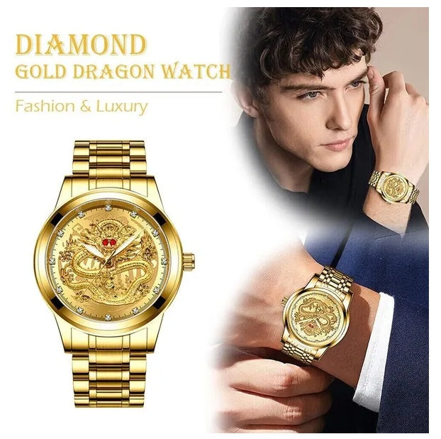 Men's Gold Stainless Steel Quartz Watch | Classic Dress Watch with Luminous Hands