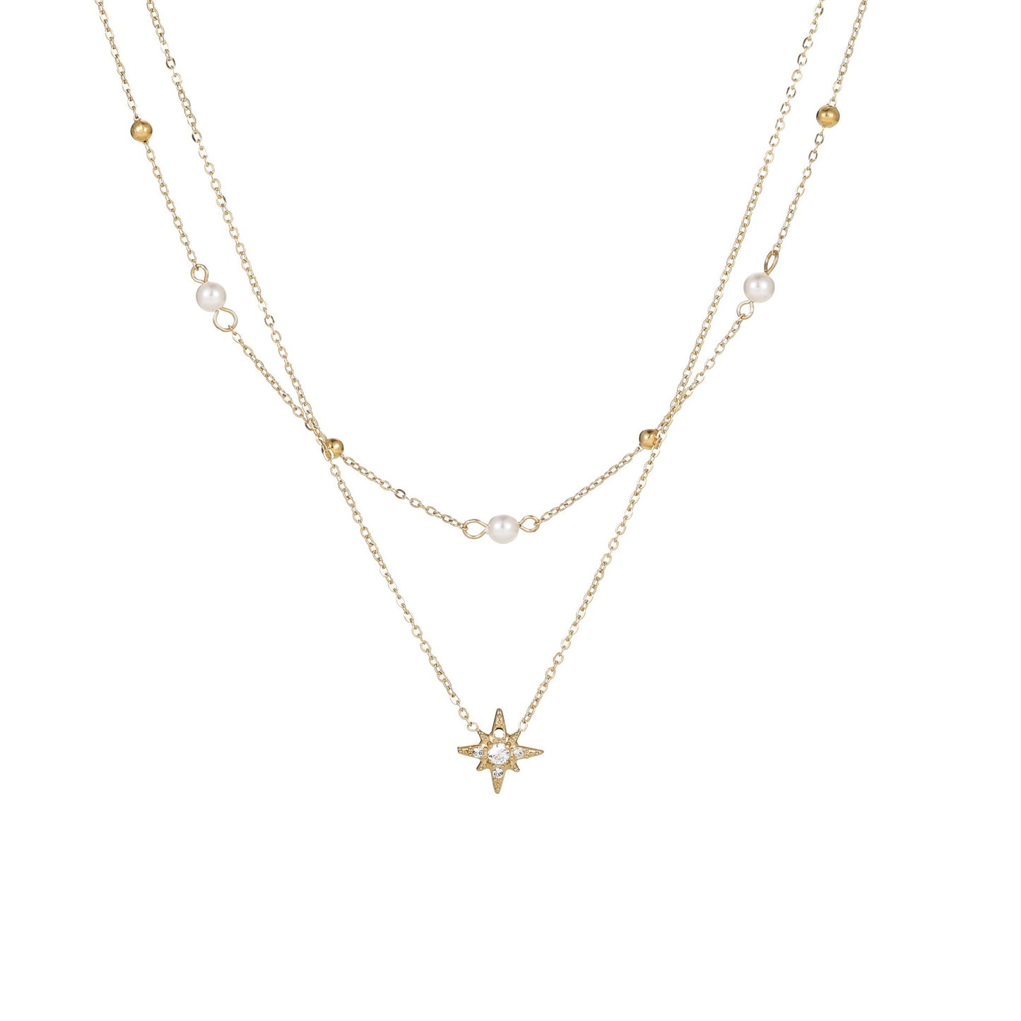 18K Gold Plated Layered Star Necklace – Pearl & Crystal Accents | Women's Jewelry
