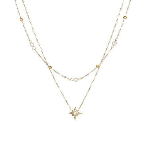 18K Gold Plated Layered Star Necklace – Pearl & Crystal Accents | Women's Jewelry