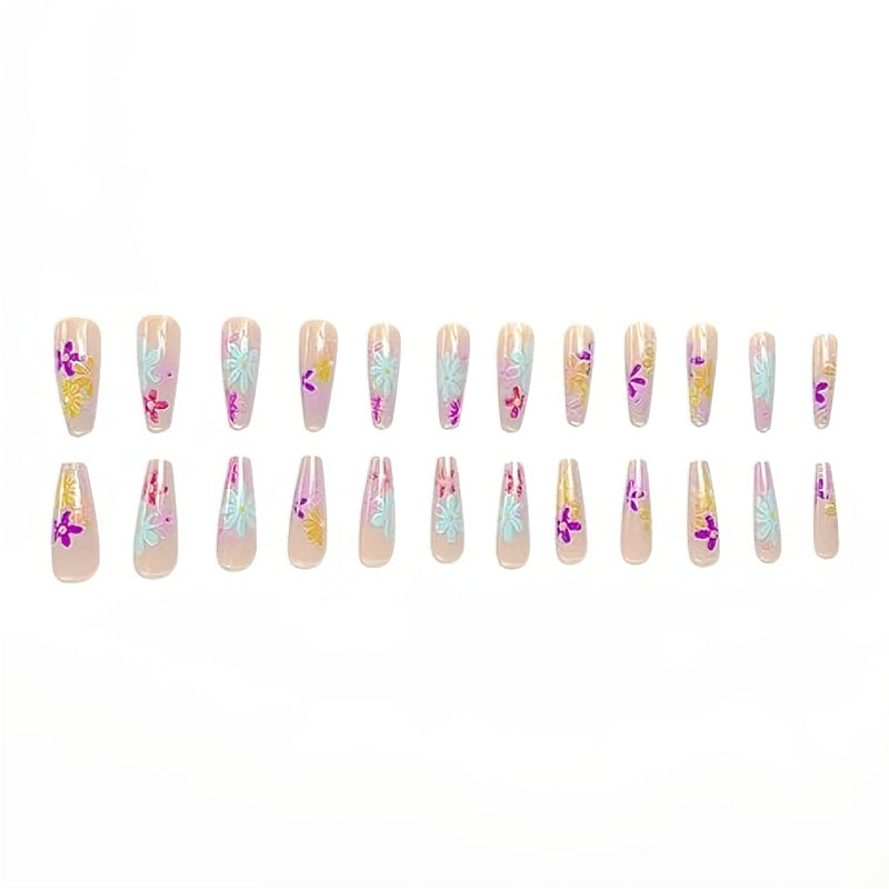 Press On Nails – Long Square Floral Design | 24pc Salon-Quality Set with Glue & Adhesive