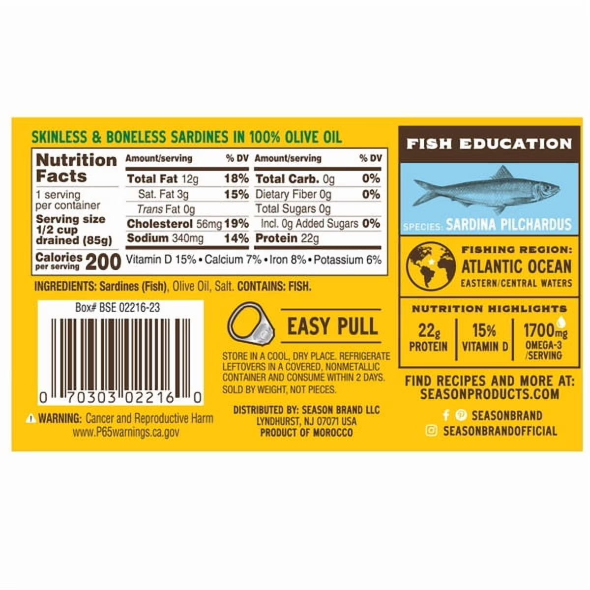 Season Skinless & Boneless Sardines in Oil, 4.375 oz Tins – Pack of 12 | Premium Canned Sardines