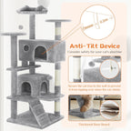 54" Multi-Level Cat Tree Tower | Sisal Scratching Posts, 2 Condos, Hanging Toy – Light Grey & Pink
