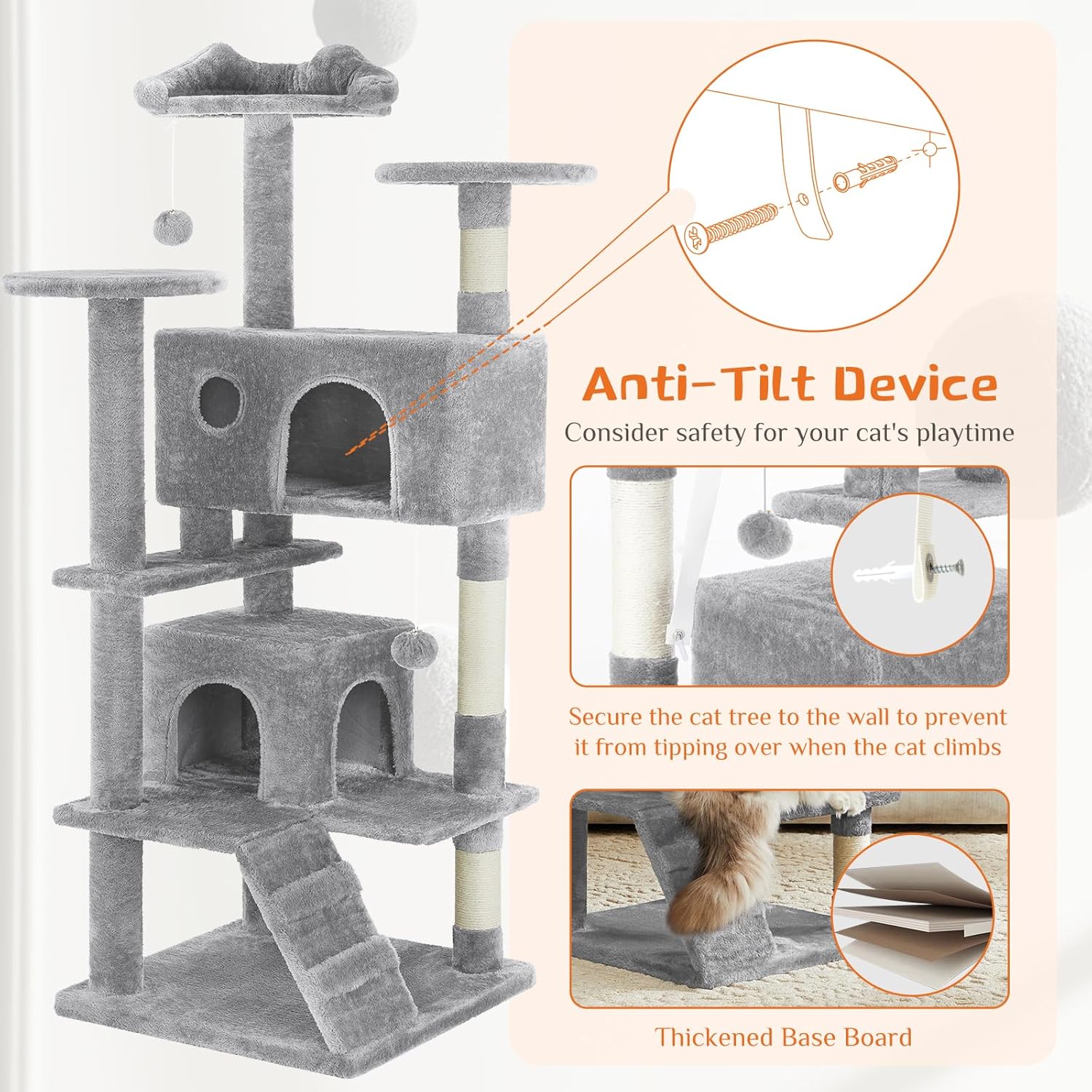 54" Multi-Level Cat Tree Tower | Sisal Scratching Posts, 2 Condos, Hanging Toy – Light Grey & Pink