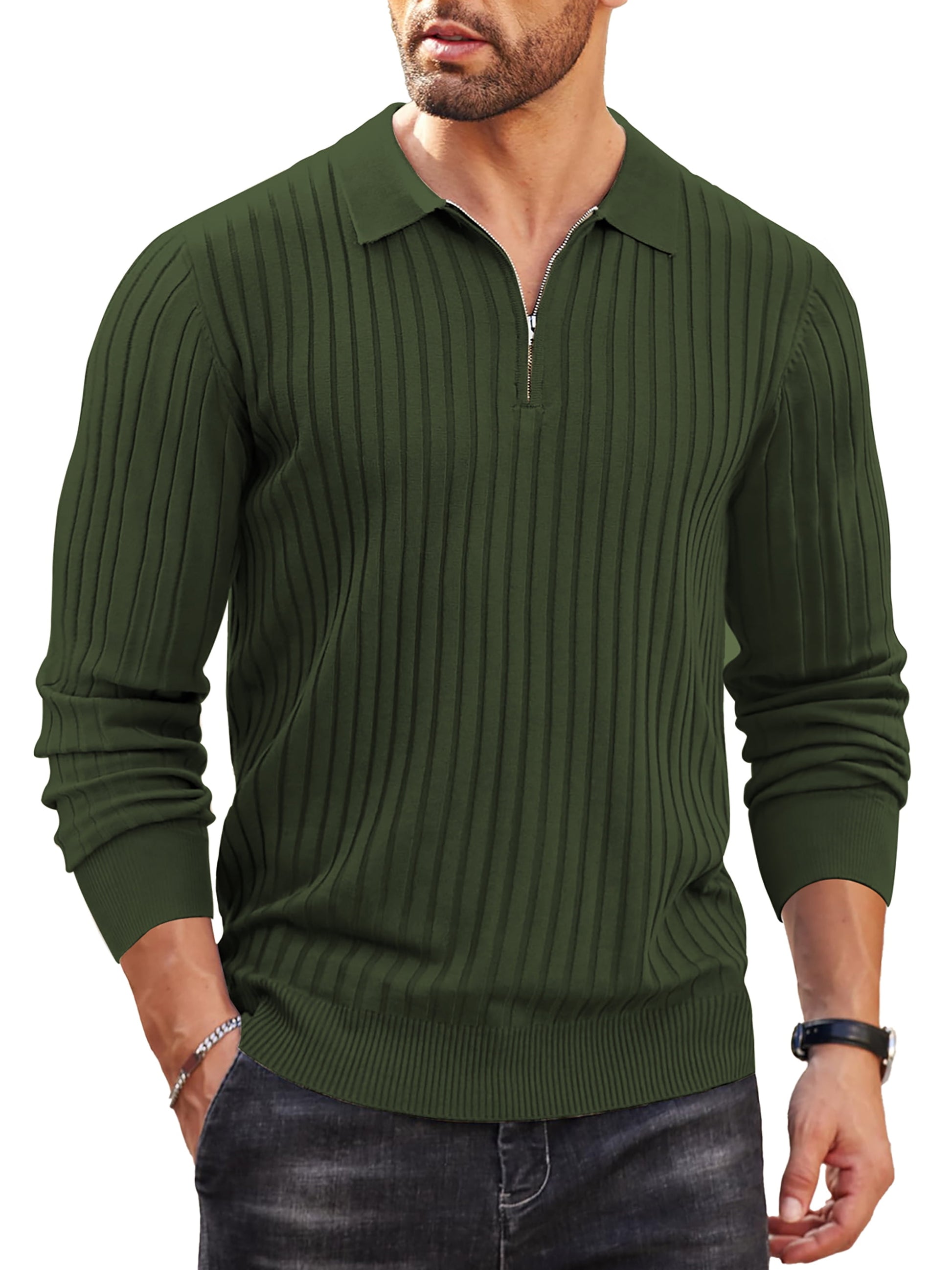 GENTS BLISS Polo Shirts for Men Casual Long Sleeve Mens Shirts Zipper Ribbed Knit Shirt