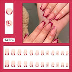 24 PCS Valentine's Day Press On Nails – French Tip Wine Red Heart False Nail Set