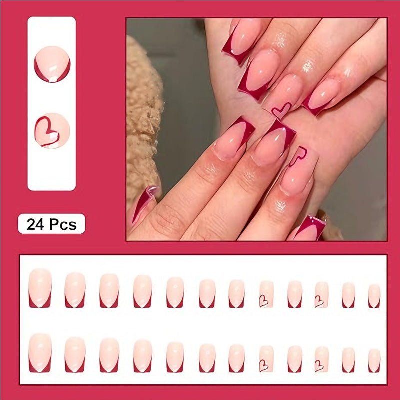 24 PCS Valentine's Day Press On Nails – French Tip Wine Red Heart False Nail Set