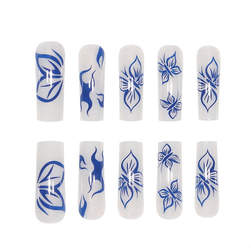 Blue Butterfly Press-On Nails | 24-Piece Long Square Fake Nail Set