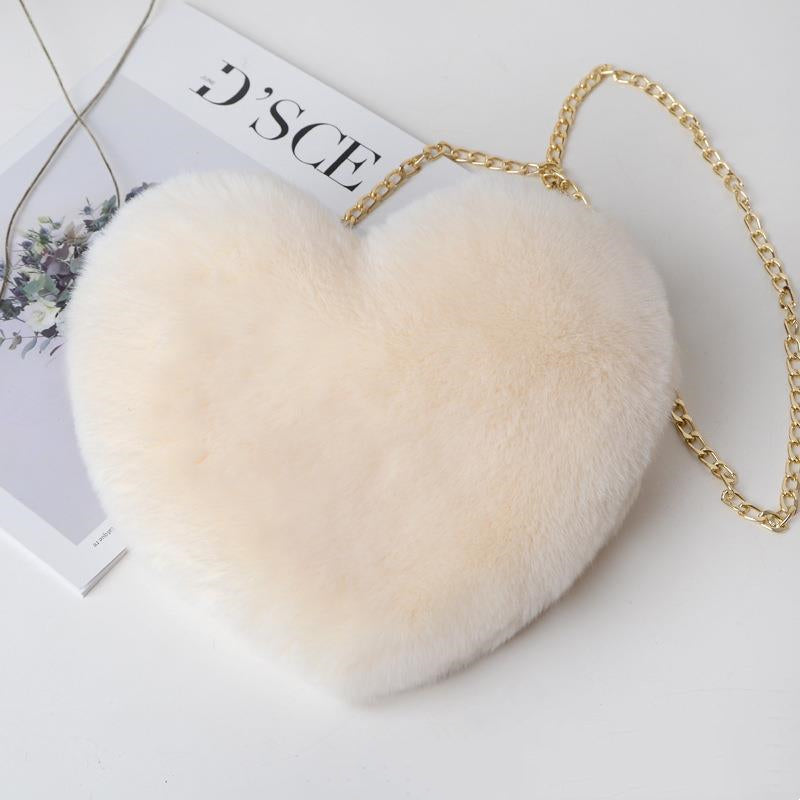 Heart-Shaped Plush Crossbody Bag – Valentine's Day Chain Shoulder Purse for Women