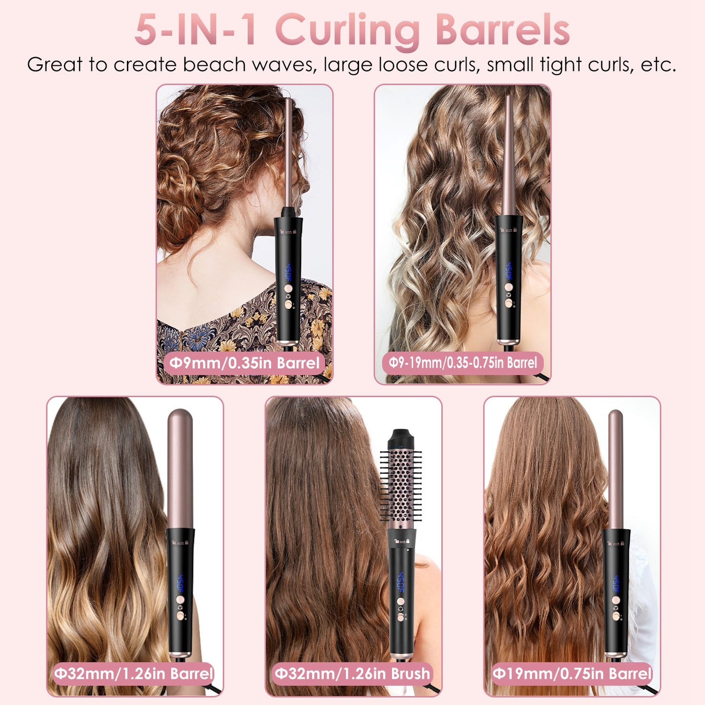 5-in-1 Professional Curling Wand Set – 4 Interchangeable Ceramic Barrels, LCD Display & Auto Shut-Off