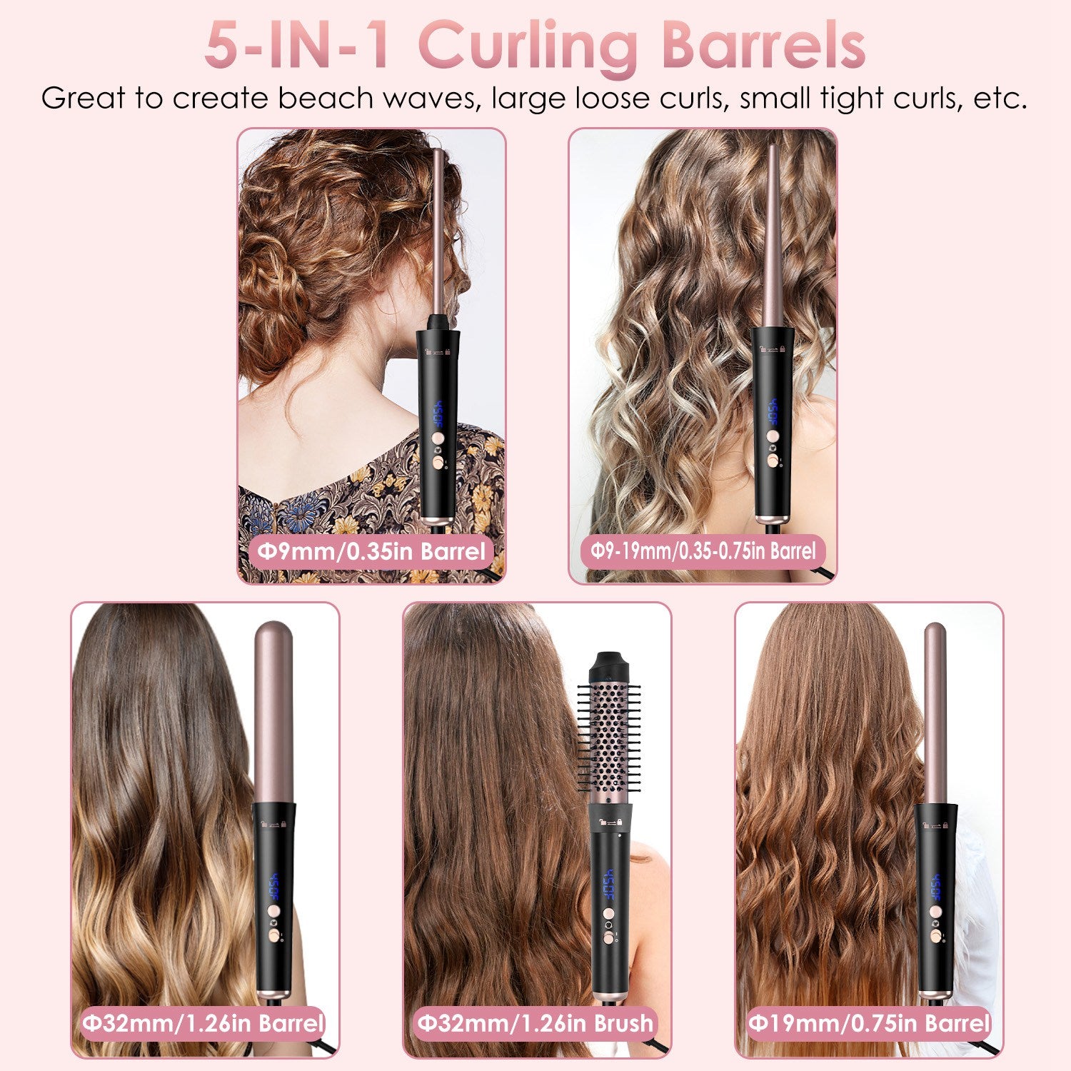 5-in-1 Professional Curling Wand Set – 4 Interchangeable Ceramic Barrels, LCD Display & Auto Shut-Off