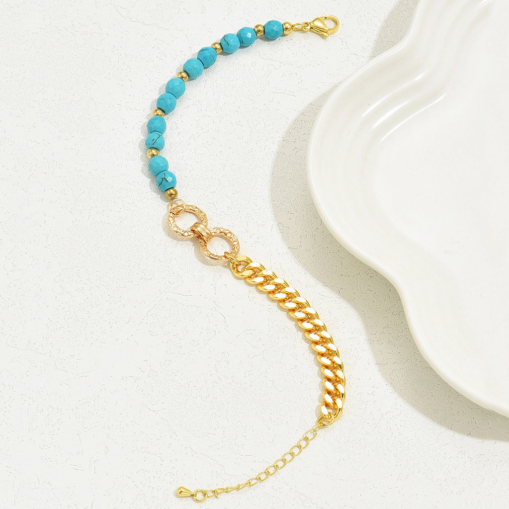 Turquoise Beaded Layered Bracelet – Boho Double Ring Chain Jewelry for Women