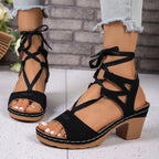 Women's Lace-Up Block Heel Sandals – Mid Heel PU Leather